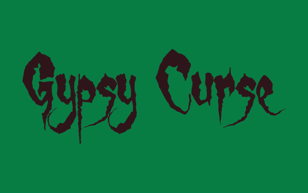 Gypsy Curse Halloween Typeface in dark red over a green background.