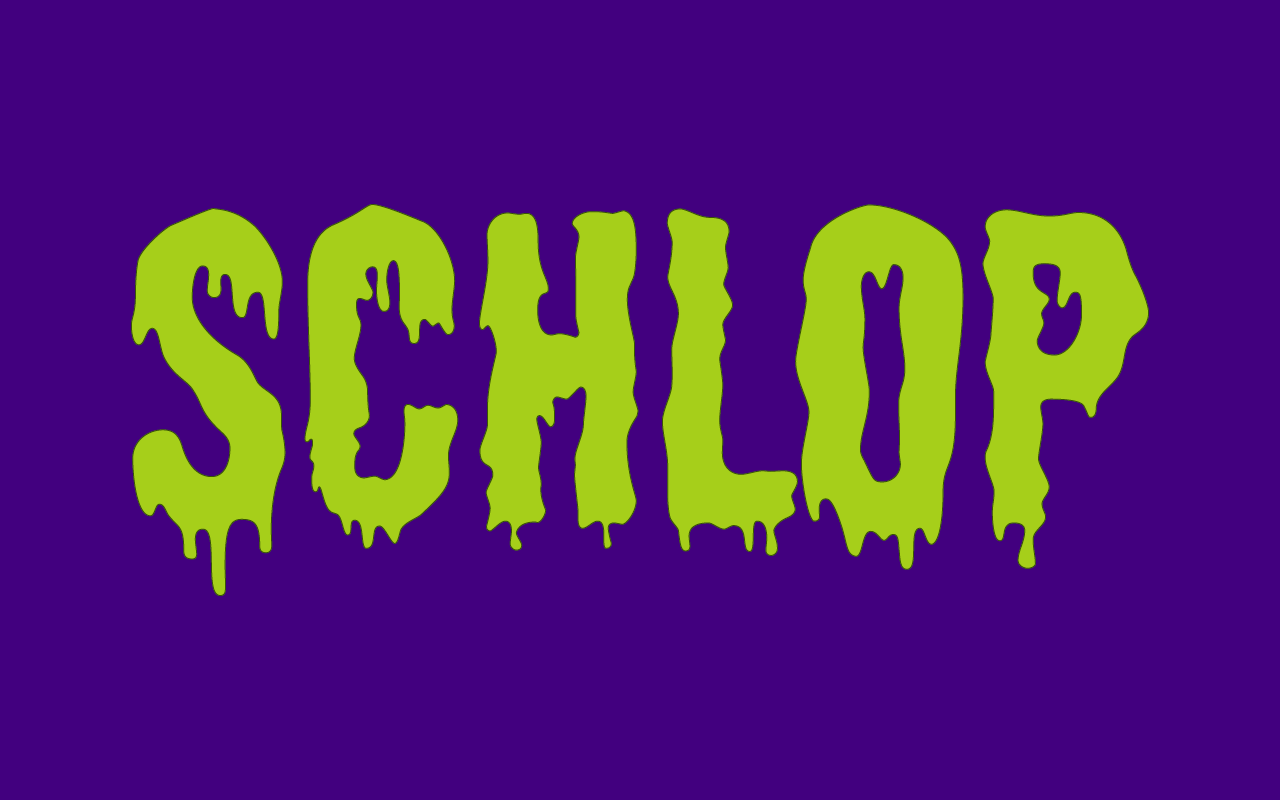 Schlop Halloween Typeface in green with purple background 